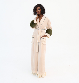 Velvet robe
Mulberry silk robe
Luxury robe
Nude robe with mink cuffs
Elegant loungewear
Aliyah robe
Designer robes
Mink cuff robe
Wide sleeve robe
Handmade silk robe