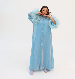 Baby Blue
Luxury Kaftan
Dubai
Sarah Kaftan Dress
Shimmering Lurex Fabric
Handmade Artistry
Hand-Applied Ostrich Feathers
Button-Down Kaftan
Satin Slip Dress
Elegant Kaftan Dress
Statement Evening Wea
Ostrich feather trim
Handmade 
Artistry 