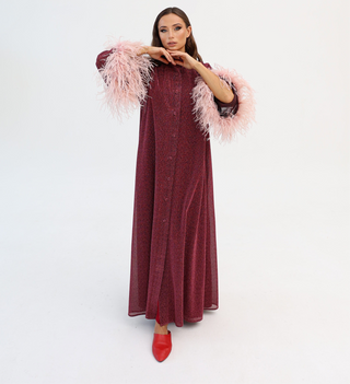 Burgundy Luxury Kaftan
Dubai
Shimmering Lurex Fabric
Handmade Artistry
Hand-Applied Ostrich Feathers
Button-Down Kaftan Dress
Satin Slip Dress
Elegant Kaftan Dress
Statement Evening Wear
Ostrich Feather Trim
Handmade
Artistry
Ostrich Feathers
Artisans
Made to Order