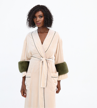 Velvet robe
Mulberry silk robe
Luxury robe
Nude robe with mink cuffs
Elegant loungewear
Aliyah robe
Designer robes
Mink cuff robe
Wide sleeve robe
Handmade silk robe