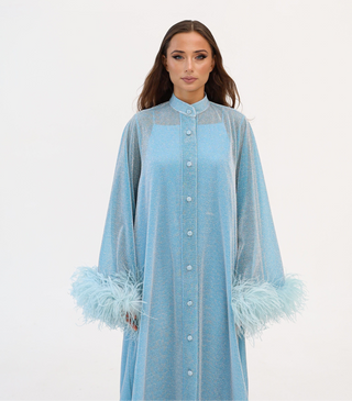 Baby Blue
Luxury Kaftan
Dubai
Sarah Kaftan Dress
Shimmering Lurex Fabric
Handmade Artistry
Hand-Applied Ostrich Feathers
Button-Down Kaftan
Satin Slip Dress
Elegant Kaftan Dress
Statement Evening Wea
Ostrich feather trim
Handmade 
Artistry 