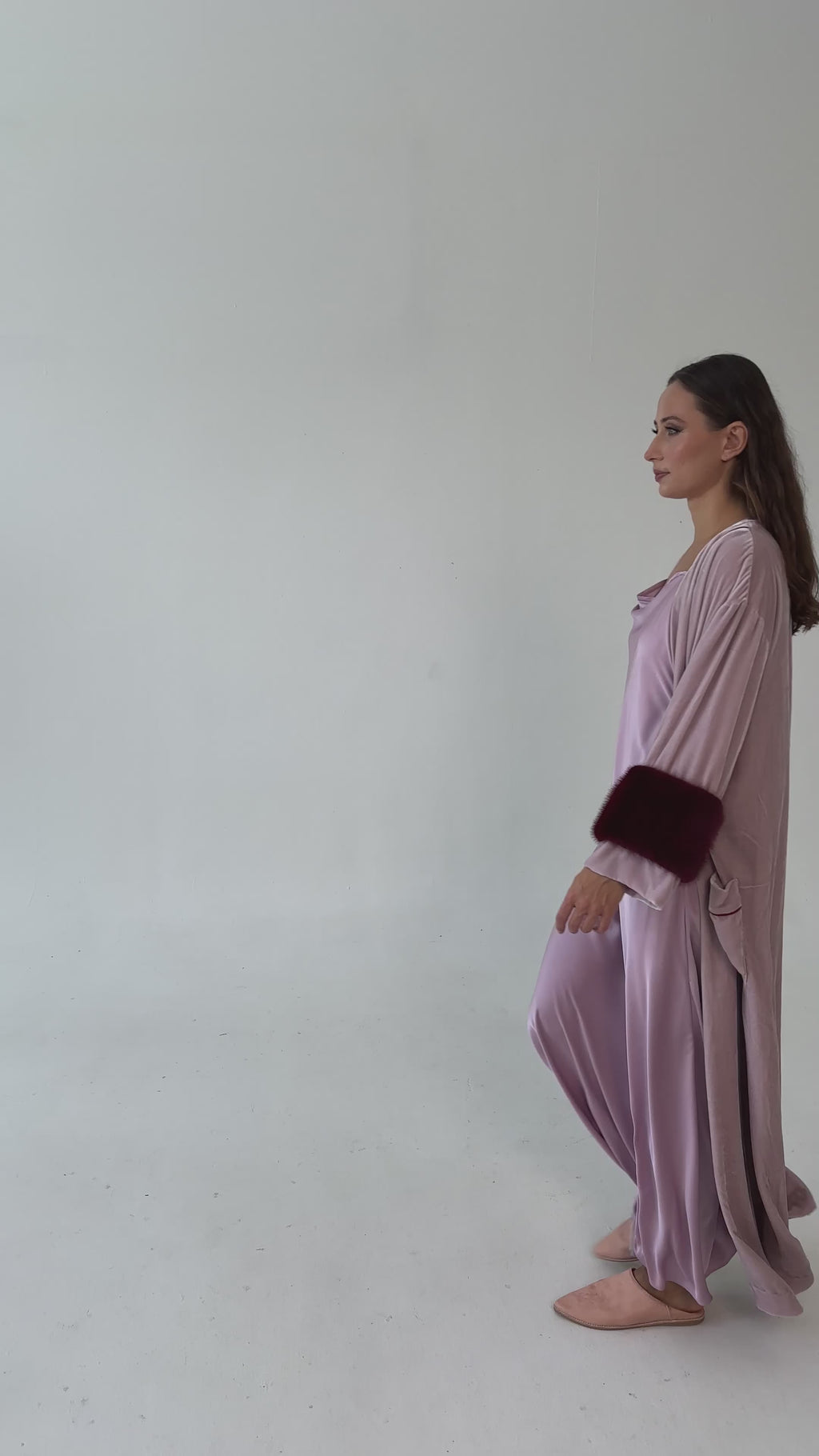 Velvet robe
Mulberry silk robe
Luxury robe
Mauve robe with mink cuffs
Elegant loungewear
Aliyah robe
Designer robes
Mink cuff robe
Wide sleeve robe
Handmade silk robe